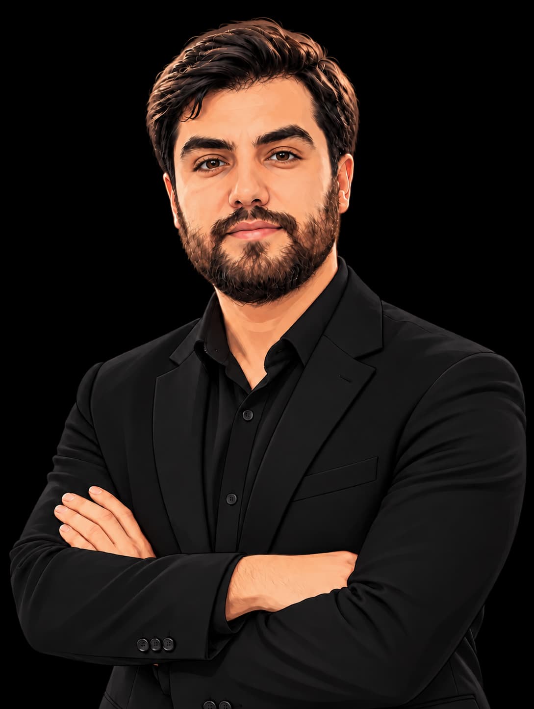 پرترهٔ تصویرسازیشدهٔ مجتبی رشنو با کت مشکی