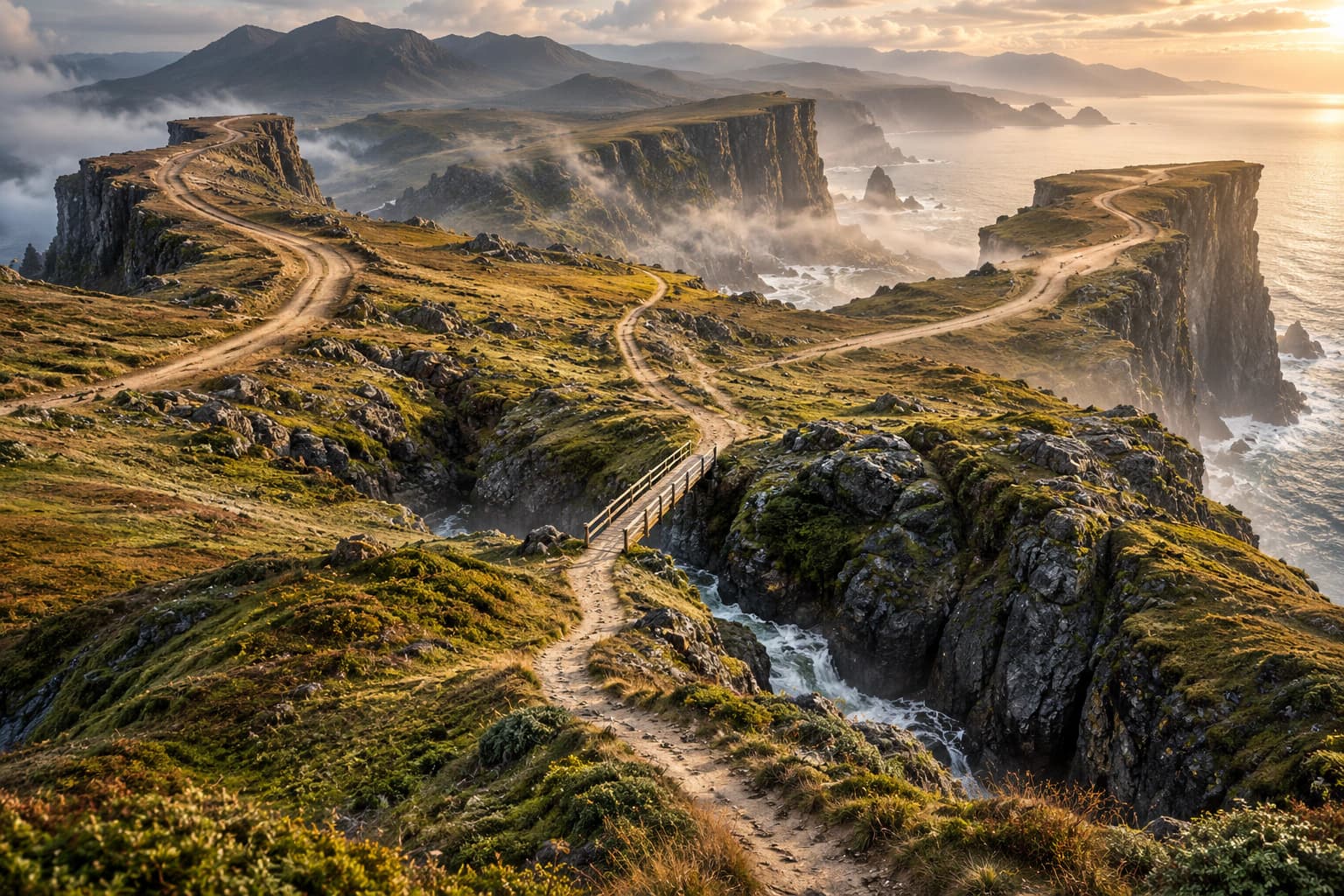 Diverging paths through rocky terrain and a modest bridge across a gap, a metaphor for useful, feasible change